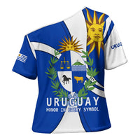 Uruguay Cross Shoulder Shirt with National Emblem and Sun Symbol Blue White Wave - Wonder Print Shop