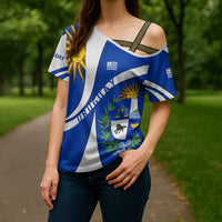 Uruguay Cross Shoulder Shirt with National Emblem and Sun Symbol Blue White Wave - Wonder Print Shop