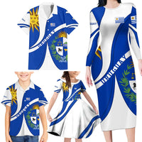 Uruguay Family Matching Long Sleeve Bodycon Dress and Hawaiian Shirt with National Emblem and Sun Symbol Blue White Wave - Wonder Print Shop