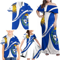 Uruguay Family Matching Off Shoulder Maxi Dress and Hawaiian Shirt with National Emblem and Sun Symbol Blue White Wave - Wonder Print Shop