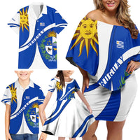 Uruguay Family Matching Off Shoulder Short Dress and Hawaiian Shirt with National Emblem and Sun Symbol Blue White Wave - Wonder Print Shop
