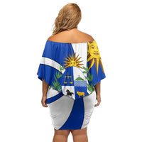 Uruguay Family Matching Off Shoulder Short Dress and Hawaiian Shirt with National Emblem and Sun Symbol Blue White Wave - Wonder Print Shop
