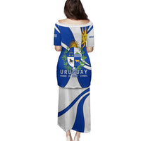 Uruguay Family Matching Puletasi and Hawaiian Shirt with National Emblem and Sun Symbol Blue White Wave - Wonder Print Shop