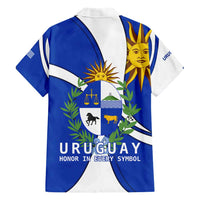 Uruguay Family Matching Short Sleeve Bodycon Dress and Hawaiian Shirt with National Emblem and Sun Symbol Blue White Wave - Wonder Print Shop