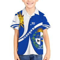 Uruguay Family Matching Summer Maxi Dress and Hawaiian Shirt with National Emblem and Sun Symbol Blue White Wave - Wonder Print Shop