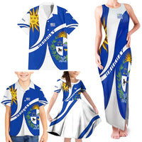 Uruguay Family Matching Tank Maxi Dress and Hawaiian Shirt with National Emblem and Sun Symbol Blue White Wave - Wonder Print Shop