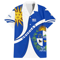 Uruguay Hawaiian Shirt with National Emblem and Sun Symbol Blue White Wave - Wonder Print Shop