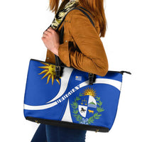 Uruguay Leather Tote Bag with National Emblem and Sun Symbol Blue White Wave - Wonder Print Shop