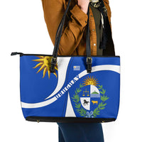 Uruguay Leather Tote Bag with National Emblem and Sun Symbol Blue White Wave - Wonder Print Shop
