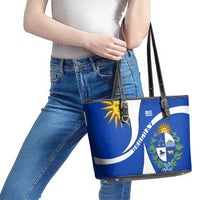 Uruguay Leather Tote Bag with National Emblem and Sun Symbol Blue White Wave - Wonder Print Shop