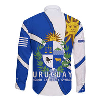 Uruguay Long Sleeve Button Shirt with National Emblem and Sun Symbol Blue White Wave - Wonder Print Shop