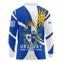 Uruguay Long Sleeve Polo Shirt with National Emblem and Sun Symbol Blue White Wave - Wonder Print Shop