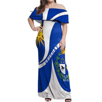 Uruguay Off Shoulder Maxi Dress with National Emblem and Sun Symbol Blue White Wave - Wonder Print Shop
