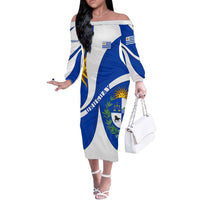 Uruguay Off The Shoulder Long Sleeve Dress with National Emblem and Sun Symbol Blue White Wave - Wonder Print Shop