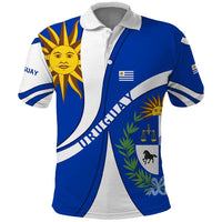 Uruguay Polo Shirt with National Emblem and Sun Symbol Blue White Wave - Wonder Print Shop
