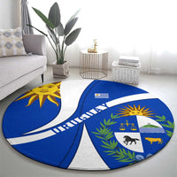Uruguay Round Carpet with National Emblem and Sun Symbol Blue White Wave - Wonder Print Shop