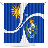 Uruguay Shower Curtain with National Emblem and Sun Symbol Blue White Wave - Wonder Print Shop