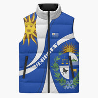 Uruguay Sleeveless Puffer Jacket with National Emblem and Sun Symbol Blue White Wave - Wonder Print Shop