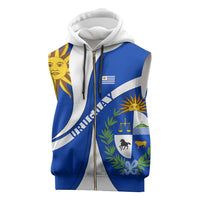 Uruguay Sleeveless Zip Hoodie with National Emblem and Sun Symbol Blue White Wave - Wonder Print Shop