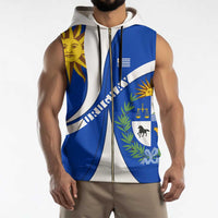 Uruguay Sleeveless Zip Hoodie with National Emblem and Sun Symbol Blue White Wave - Wonder Print Shop
