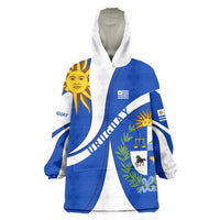 Uruguay Wearable Blanket Hoodie with National Emblem and Sun Symbol Blue White Wave - Wonder Print Shop