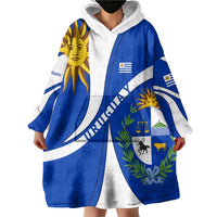 Uruguay Wearable Blanket Hoodie with National Emblem and Sun Symbol Blue White Wave - Wonder Print Shop