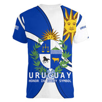 Uruguay Women V-Neck T-Shirt with National Emblem and Sun Symbol Blue White Wave - Wonder Print Shop