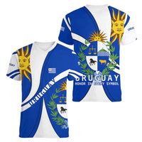 Uruguay Women V-Neck T-Shirt with National Emblem and Sun Symbol Blue White Wave - Wonder Print Shop