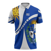 Uruguay Zipper Polo Shirt with National Emblem and Sun Symbol Blue White Wave - Wonder Print Shop
