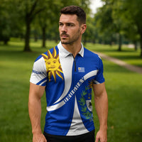 Uruguay Zipper Polo Shirt with National Emblem and Sun Symbol Blue White Wave - Wonder Print Shop