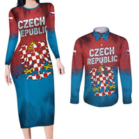 Czech Republic Couples Matching Long Sleeve Bodycon Dress and Long Sleeve Button Shirt with Blue Red Gradient Design and National Coat of Arms - Wonder Print Shop