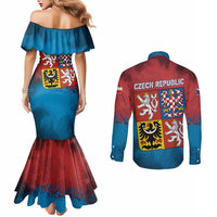 Czech Republic Couples Matching Mermaid Dress and Long Sleeve Button Shirt with Blue Red Gradient Design and National Coat of Arms - Wonder Print Shop