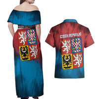 Czech Republic Couples Matching Off Shoulder Maxi Dress and Hawaiian Shirt with Blue Red Gradient Design and National Coat of Arms - Wonder Print Shop