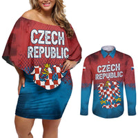Czech Republic Couples Matching Off Shoulder Short Dress and Long Sleeve Button Shirt with Blue Red Gradient Design and National Coat of Arms - Wonder Print Shop