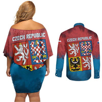Czech Republic Couples Matching Off Shoulder Short Dress and Long Sleeve Button Shirt with Blue Red Gradient Design and National Coat of Arms - Wonder Print Shop
