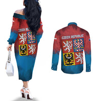 Czech Republic Couples Matching Off The Shoulder Long Sleeve Dress and Long Sleeve Button Shirt with Blue Red Gradient Design and National Coat of Arms - Wonder Print Shop
