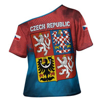 Czech Republic Cross Shoulder Shirt with Blue Red Gradient Design and National Coat of Arms - Wonder Print Shop