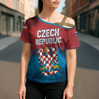Czech Republic Cross Shoulder Shirt with Blue Red Gradient Design and National Coat of Arms - Wonder Print Shop