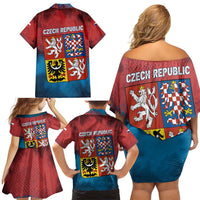 Czech Republic Family Matching Off Shoulder Short Dress and Hawaiian Shirt with Blue Red Gradient Design and National Coat of Arms - Wonder Print Shop