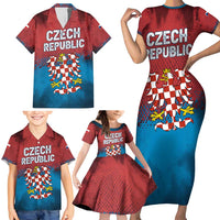 Czech Republic Family Matching Short Sleeve Bodycon Dress and Hawaiian Shirt with Blue Red Gradient Design and National Coat of Arms - Wonder Print Shop