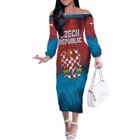 Czech Republic Off The Shoulder Long Sleeve Dress with Blue Red Gradient Design and National Coat of Arms - Wonder Print Shop