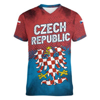 Czech Republic Women V-Neck T-Shirt with Blue Red Gradient Design and National Coat of Arms - Wonder Print Shop