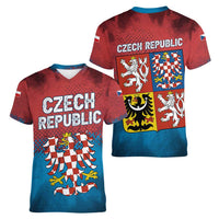 Czech Republic Women V-Neck T-Shirt with Blue Red Gradient Design and National Coat of Arms - Wonder Print Shop