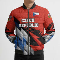 Czech Republic Bomber Puffer Jacket with Red Black Blue Brushstroke Design and National Lion - Wonder Print Shop