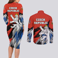 Czech Republic Couples Matching Long Sleeve Bodycon Dress and Long Sleeve Button Shirt with Red Black Blue Brushstroke Design and National Lion - Wonder Print Shop