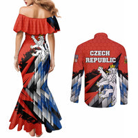 Czech Republic Couples Matching Mermaid Dress and Long Sleeve Button Shirt with Red Black Blue Brushstroke Design and National Lion - Wonder Print Shop