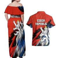 Czech Republic Couples Matching Off Shoulder Maxi Dress and Hawaiian Shirt with Red Black Blue Brushstroke Design and National Lion - Wonder Print Shop