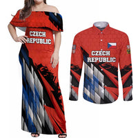 Czech Republic Couples Matching Off Shoulder Maxi Dress and Long Sleeve Button Shirt with Red Black Blue Brushstroke Design and National Lion - Wonder Print Shop
