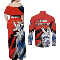 Czech Republic Couples Matching Off Shoulder Maxi Dress and Long Sleeve Button Shirt with Red Black Blue Brushstroke Design and National Lion - Wonder Print Shop