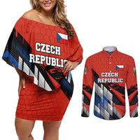 Czech Republic Couples Matching Off Shoulder Short Dress and Long Sleeve Button Shirt with Red Black Blue Brushstroke Design and National Lion - Wonder Print Shop